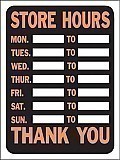 12" x 9" Hy-Glo Plastic Sign:  STORE HOURS.......THANK YOU