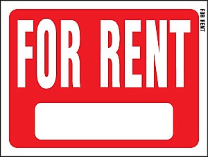 12" x 9" Red/ White Plastic Sign:  FOR RENT (w/ Blank Info Box)