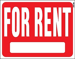 19" x 15" Red/ White Plastic Sign:  FOR RENT (w/ Blank Info Box)